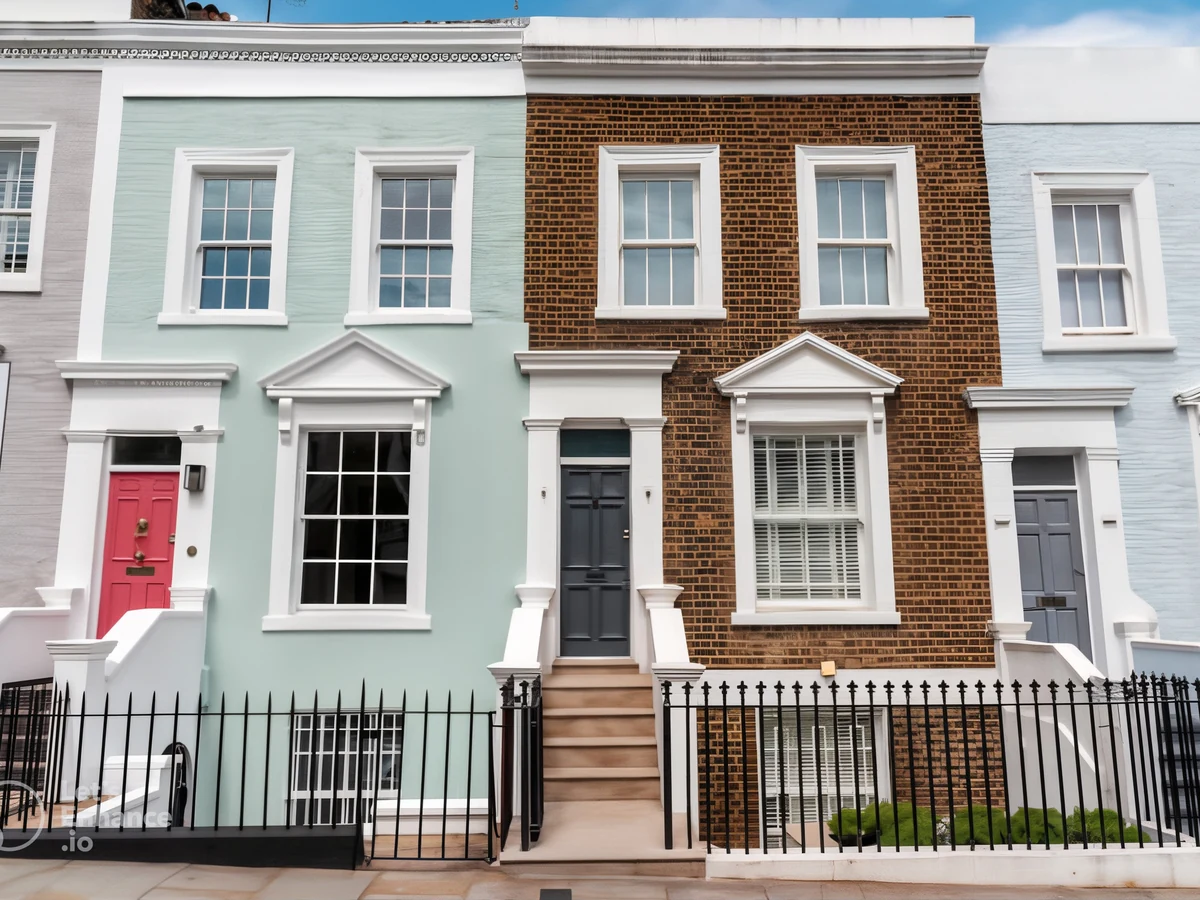 Colourful terraced houses in Bath with varied front door colours and painted exteriors